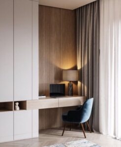 Chic study table featuring a blend of wood and metal accents.