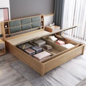 84_65 inch Wide Contemporary Bed Frame Rubberwood Bed with Storage Lift Up Storage-King