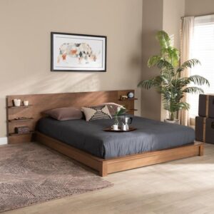 Baxton Studio Elina Modern and Contemporary Walnut Brown Finished Wood King Size Platform Storage Bed with Shelves - King