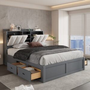 Full Size Bed Frame with 4 Storage Drawers and Storage Bookcase Headboard, Captain Bed Platform Bed with USB charging interface