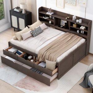 Full Size Wooden Captain Bed with Built-in Bookshelves,Three Storage Drawers and Trundle
