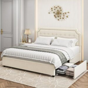 Homfa King Size Storage Bed, 4 Drawers Vevlet Platform Bed Frame with Adjustable Upholstered Headboard, Creamy White, Beige