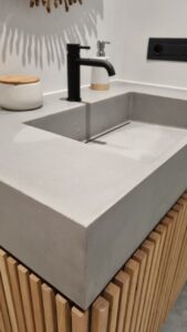 Integrated Concrete Sink and Solid Wood Bathroom Vanity, Cement Ramp Sink & Grooved Vanity Cabinet, Modern Bauhaus Bathroom Furniture
