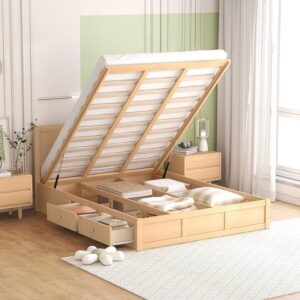 Lift Up Storage Bed Queen Size, Wooden Platform Beds with Drawers and Headboard, Modern Queen Bed Frame with a Hydraulic Storage and Slat Support, Natural Wood