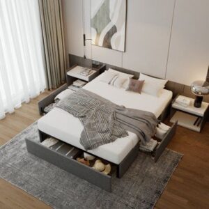 Mercury Row® Bret Storage Platform Bed w _ 3 drawers Upholstered _ Metal & Upholstered _ Metal _ Linen in Gray _ Wayfair