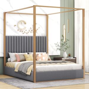 Queen Size Canopy Bed with Headboard, 4-Post Upholstery Platform Bed Frame with Metal Frame, No Box Spring Needed