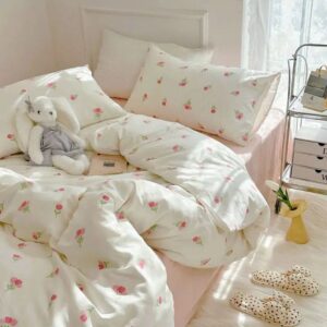 Triogift New Floral Double Gauze 100% Cotton Bedding Set Breathable Fresh Queen Duvet Cover Set with Sheets Quilt Cover and Pillowcase - 21 _ B180x200cm bed 4 pcs