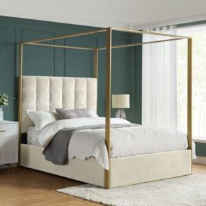 Willa Arlo™ Interiors Clinchport Canopy Bed Upholstered_Metal in White _ 80 H x 66 W x 85 D in _ Wayfair