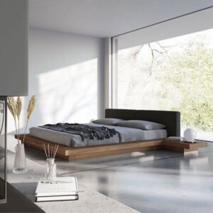 Worth Queen Bed in Soft Carbon Fabric and Walnut